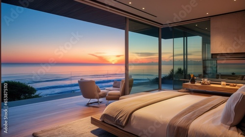 Luxury hotel interior with twilight ocean view