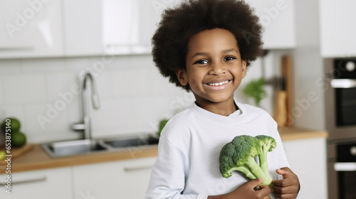 Little beautiful african boy posing with broccoli in the kitchen. Healthy vegan baby foods concept.