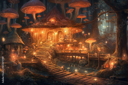 In a mystical forest  colossal mushrooms with spiral staircases lead to treetop libraries  where owls and foxes exchange stories in the soft glow of firefly lanterns.