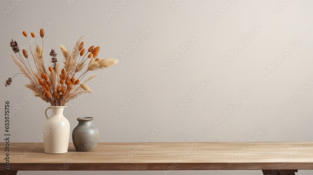 Wooden table with vase with bouquet dried flower, copy space