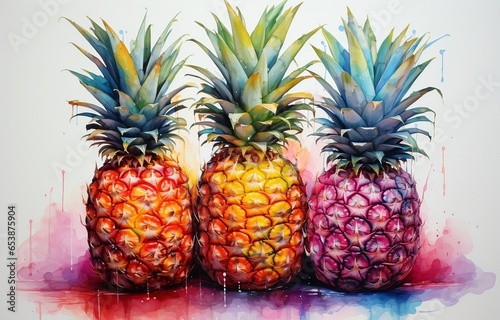 3 watercolor pineapples on a white background