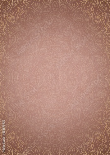 Hand-drawn unique abstract ornament. Light semi transparent pale pink on a pale pink background, with vignette of same pattern in golden glitter on a darker background color. A4. (pattern: p03d)