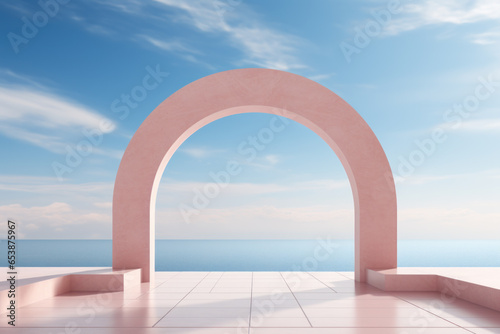 Abstract minimalist arch podium stage with pedestals for product presentation against blue sky background