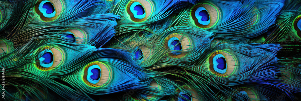 Obraz premium Beautiful bright background of peacock feathers, peacock feathers banner