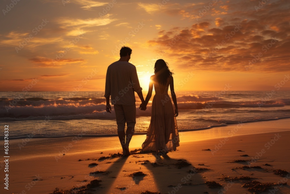 A romantic couple holding hands alongside the shore