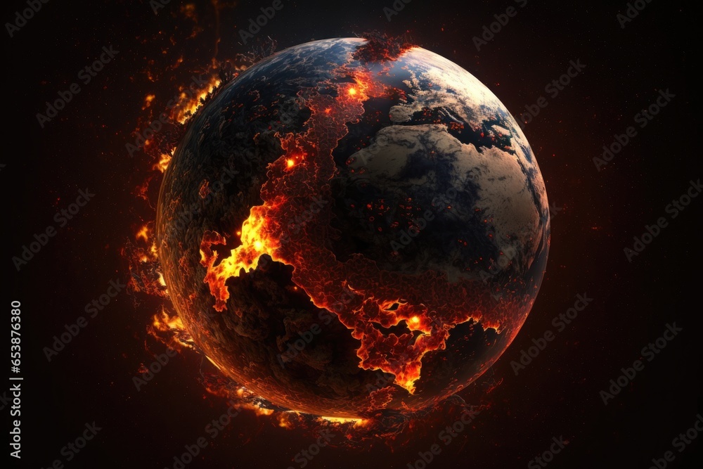 Planet earth in fire, illustration of a global warming concept