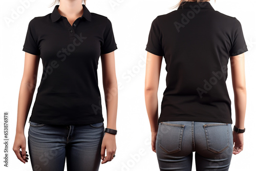 Front and Back View of Female Black Polo Shirt For Design