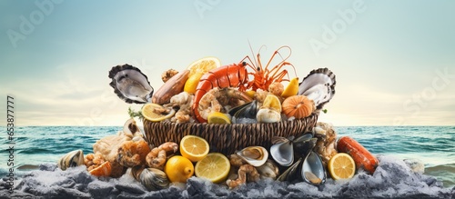 Basket of contaminated seafood and fish symbolizing nuclear threat radioactive soil environmental damage accompanied by a warning about nuclear radiation