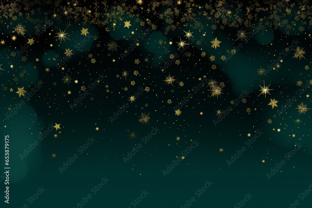 Fototapeta premium Deep Green Gradient With Scattered Gold Snowflakes