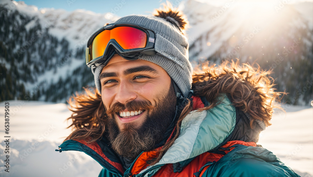 Portrait of a man in ski clothes against a background of mountains, snow Portrait of a man in ski clothes against a background of mountains, snow