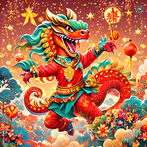  a vibrant and lively scene of a Chinese dragon dance, capturing the energy and excitement of New Year celebrations