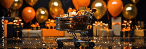 Black Friday shopping cart with gift boxes, Black Friday discounts, blurred background with bright lights photo