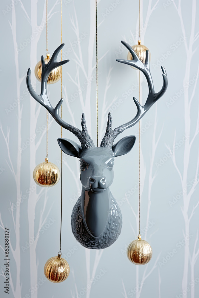 Christmas home decor with figure of head deer and Christmas ornaments