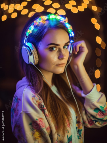 portrait of a woman with headphones, woman listening to music, neon light
