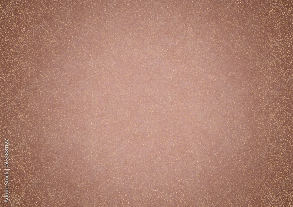 Fototapeta premium Hand-drawn abstract ornament. Light semi transparent pale pink and golden splatter on a pale pink back, with vignette of same pattern in gold on a darker color. Paper texture. A4. (pattern: p07-1c)