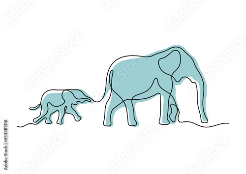Mom and baby elephants continuous line colourful vector illustration