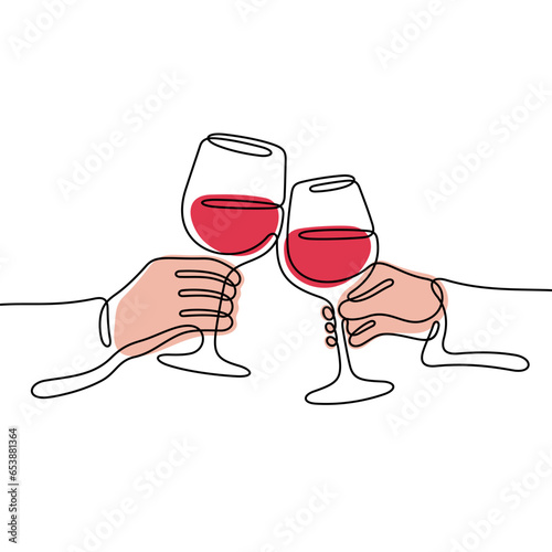 Hands cheering with red wine glasses continuous line colourful vector illustration
