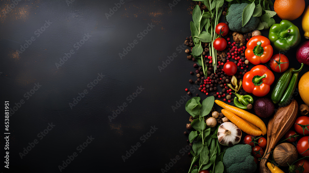 fresh vegetables and herbs on a black stone background.