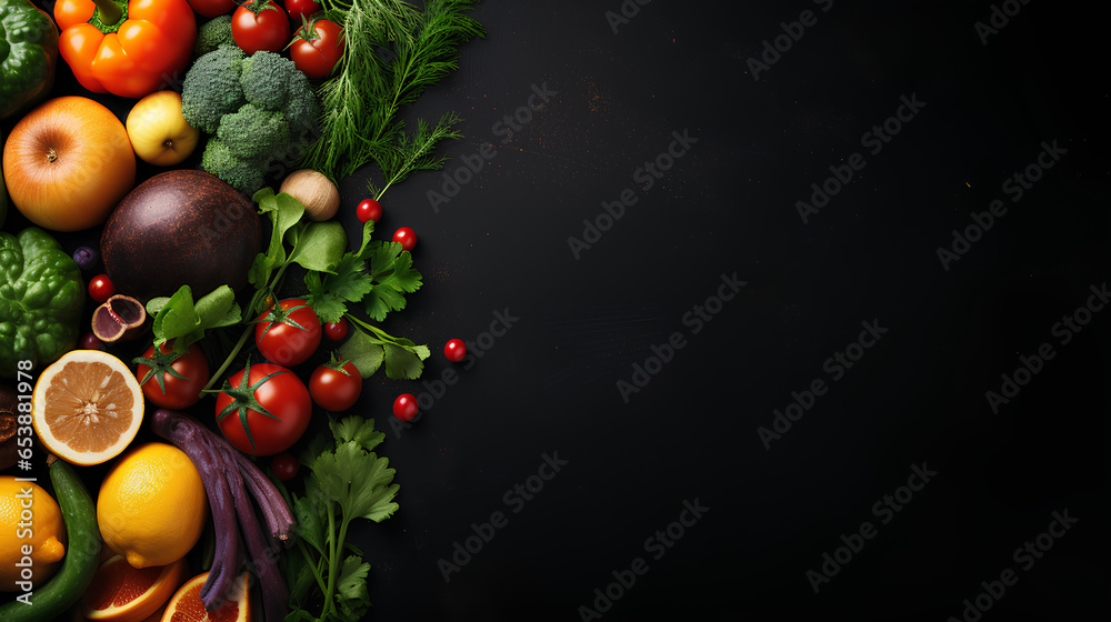 Obraz na płótnie composition with fresh fruits and vegetables on dark background with space for your text. w salonie