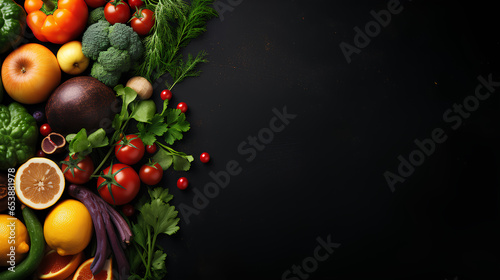 composition with fresh fruits and vegetables on dark background with space for your text.