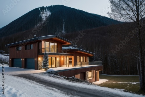 Modern house in the mountains. Eco-architecture in the embrace of nature. Аamily villa. A combination of modern style and natural harmony. Inspirational design.