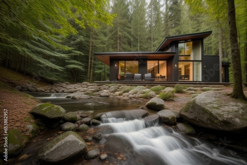 Modern house in the forest. Eco-architecture in the embrace of nature. Аamily villa. A combination of modern style and natural harmony. Inspirational design surrounded by greenery.