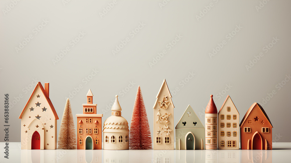 christmas background with wooden houses - obrazy, fototapety, plakaty 
