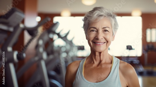 Portrait of smiling senior woman exercising in fitness studio at the gym. AI Generated