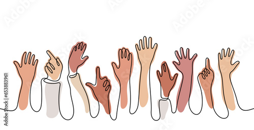 Hands rises up continuous line colourful vector illustration. Diversity people crowd. 