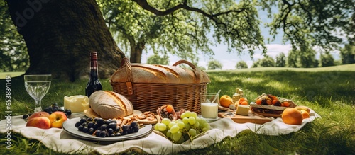 Luxurious outdoor meal with food and drinks on a blanket in a park beneath a tree