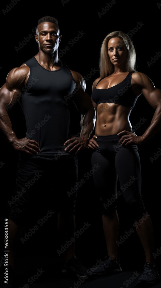 Striking Display of Physical Mastery  Strong Man and Woman Posers Showcase Bodybuilding Prowess on Opaque Black Background