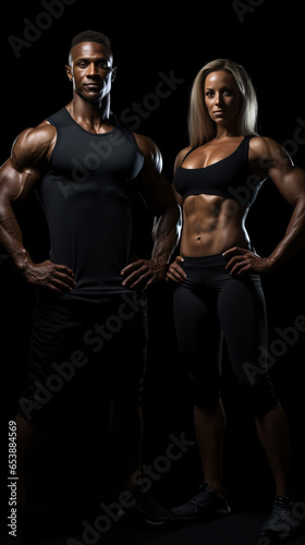 Striking Display of Physical Mastery Strong Man and Woman Posers Showcase Bodybuilding Prowess on Opaque Black Background