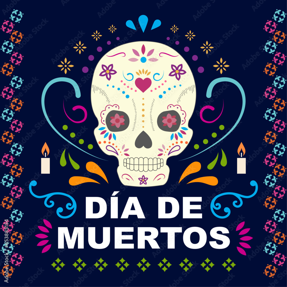 Vector plano del día de muertos, festividad mexicana con calavera y flores