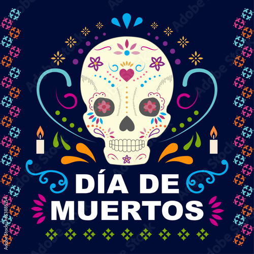 Vector plano del día de muertos, festividad mexicana con calavera y flores