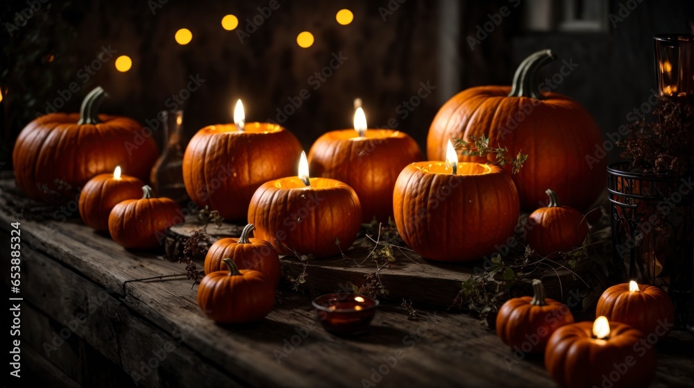 Spooky composition of halloween pumpkin and candles Spooky composition of halloween pumpkin and candles