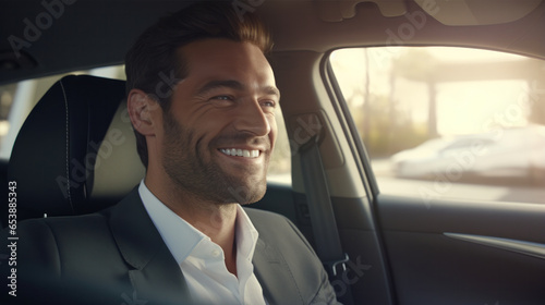 Driving Elegance: An Attractive and Happy Man in a Luxurious Car, Sporting a Perfect Smile – A Captivating Image for Advertising. © Ai Studio