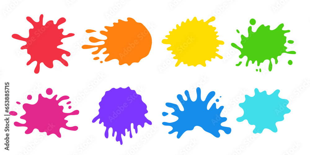 Splashes and stains of color paint or ink with drops splatter. Abstract rainbow colored blots, art blobs different shapes isolated on white background, vector flat illustration - obrazy, fototapety, plakaty 