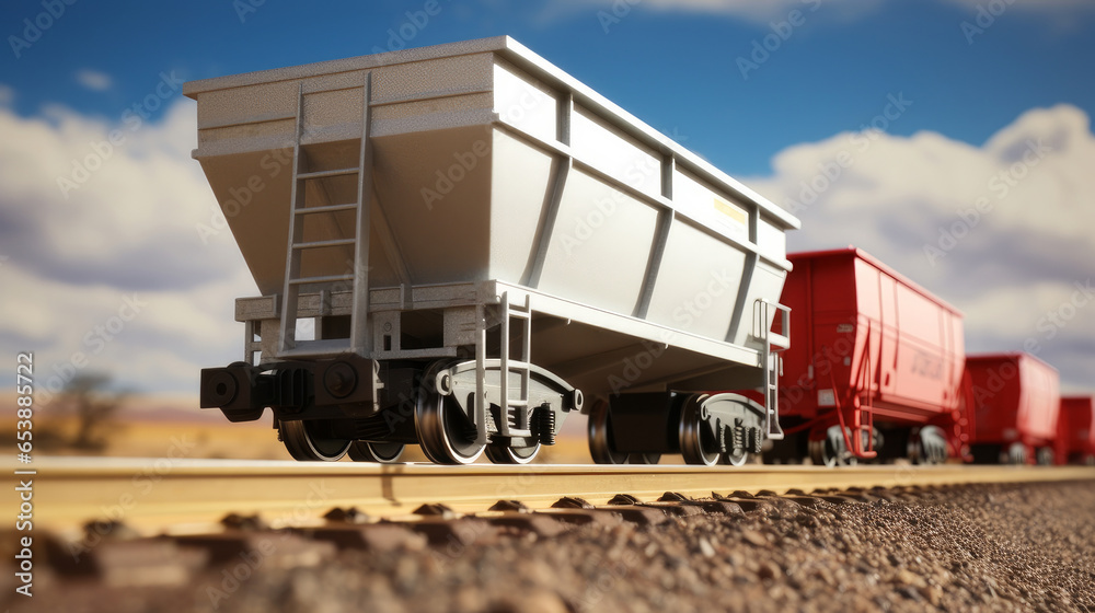 The red carriages of the railway train ride on the rails. Transportation of goods by trains. The red carriages of the railway train ride on the rails. Transportation of goods by trains.