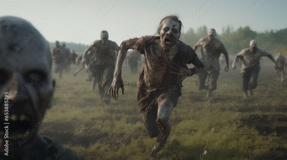 Zombie Onslaught: A Horde of Zombies Charges Across a Field, Eliciting Horror and a Thrilling Sense of Pursuit. Zombie Onslaught: A Horde of Zombies Charges Across a Field, Eliciting Horror and a Thrilling Sense of Pursuit.