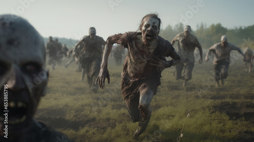 Zombie Onslaught: A Horde of Zombies Charges Across a Field, Eliciting Horror and a Thrilling Sense of Pursuit.