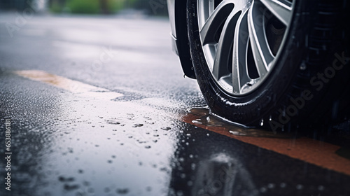 Vehicle tires navigate a wet road in the rain..