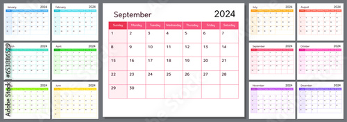 2024 year planner template, calendar design. Wall or table annual schedule layout for 12 months, week starts on sunday. Blank daily organizer in rainbow colors, vector illustration