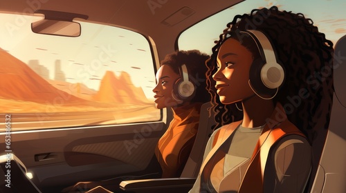 Two young, curly, dark-skinned girls in headphones listen to music and have fun driving a car. Female student travels by car.