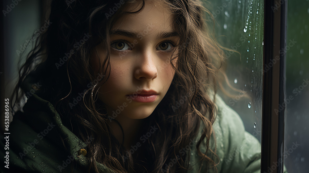 a girl sits on a windowsill during a rainstorm, her gaze alternating between the rivulets on the windowpane and the pages of her book. a girl sits on a windowsill during a rainstorm, her gaze alternating between the rivulets on the windowpane and the pages of her book.