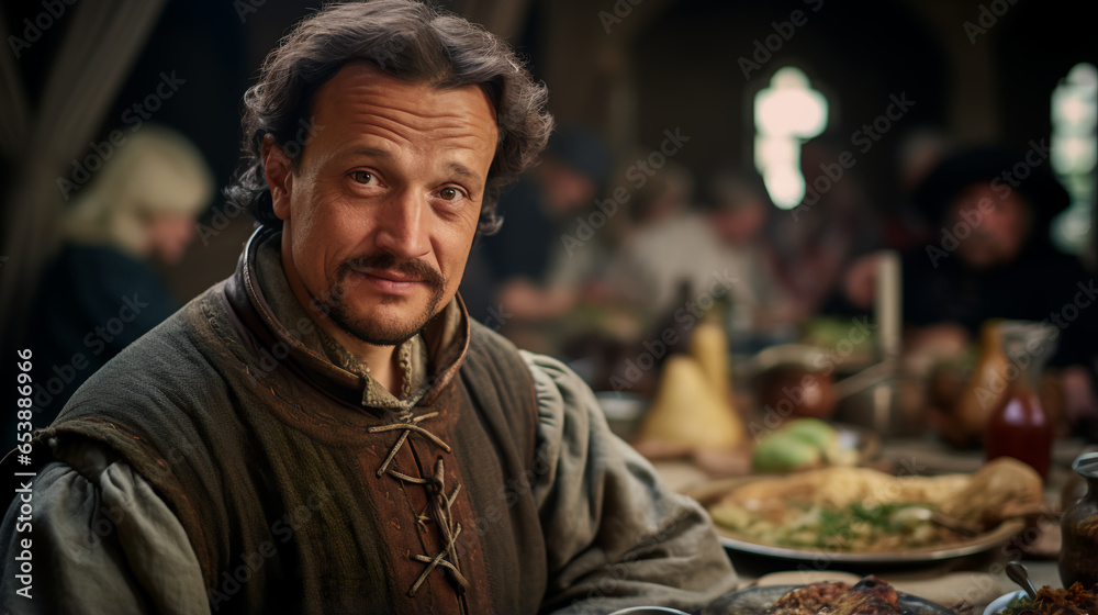 a man with a fascination for culinary history meticulously crafts a medieval feast, his attire and table settings reminiscent of a bygone era as he recreates age-old recipes 