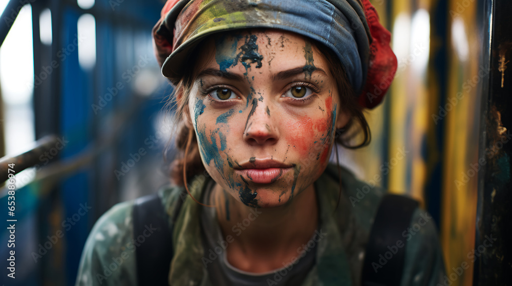 a woman artist engaging in outdoor painting, adorned in splattered overalls and an artist's beret, merging practicality with her creative spirit to redefine everyday fashion. a woman artist engaging in outdoor painting, adorned in splattered overalls and an artist's beret, merging practicality with her creative spirit to redefine everyday fashion.