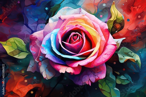 Illustration of colorful rose in watercolor style on dark background. Generative Ai