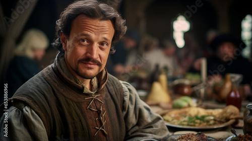 a man with a fascination for culinary history meticulously crafts a medieval feast, his attire and table settings reminiscent of a bygone era as he recreates age-old recipes 