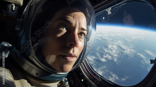 an innovative woman on a space tourism adventure, her awe-filled expression framed by the curvature of Earth outside her spacecraft window photo