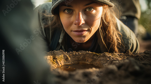 a woman archaeologist meticulously uncovering ancient artifacts at a dig site, her focus and excitement mirroring the historical significance of her discoveries
